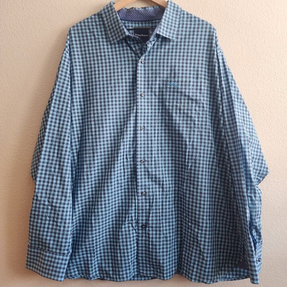 Tommy Bahama Shirt Mens 2XL Blue Check Button Up Long Sleeve Pima Cotton Casual